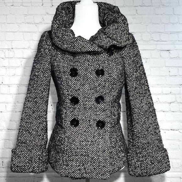 ZARA Peacoat Tweed Cowl Neck Double Breasted - Picture 1 of 8